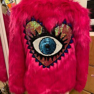HOT PINK FAUX FUR JACKET WITH EVIL EYE